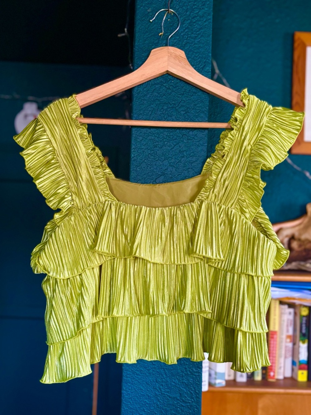 SHEIN Lime Green Ruffled Pleated Crop Top